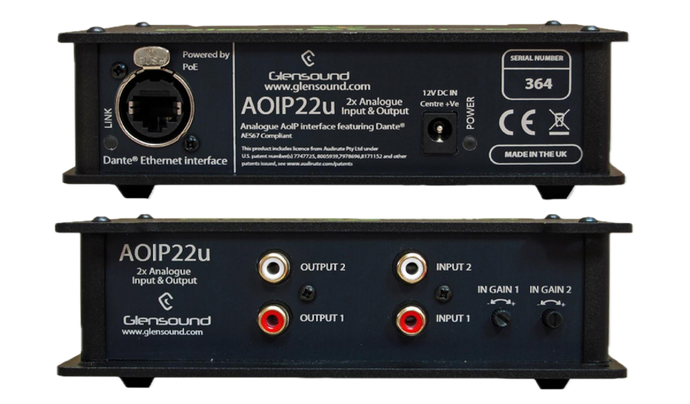 AoIP22u - 2 x unbalanced RCA phono analogue inputs & outputs portable unit Dante/ AES67