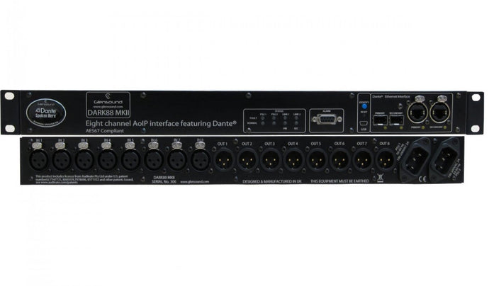 DARK88 MKII - 1RU Dante/AES67 8x8 Analog I/O on XLR Connectors with Dual CAT5 and Optical DANTE Interface